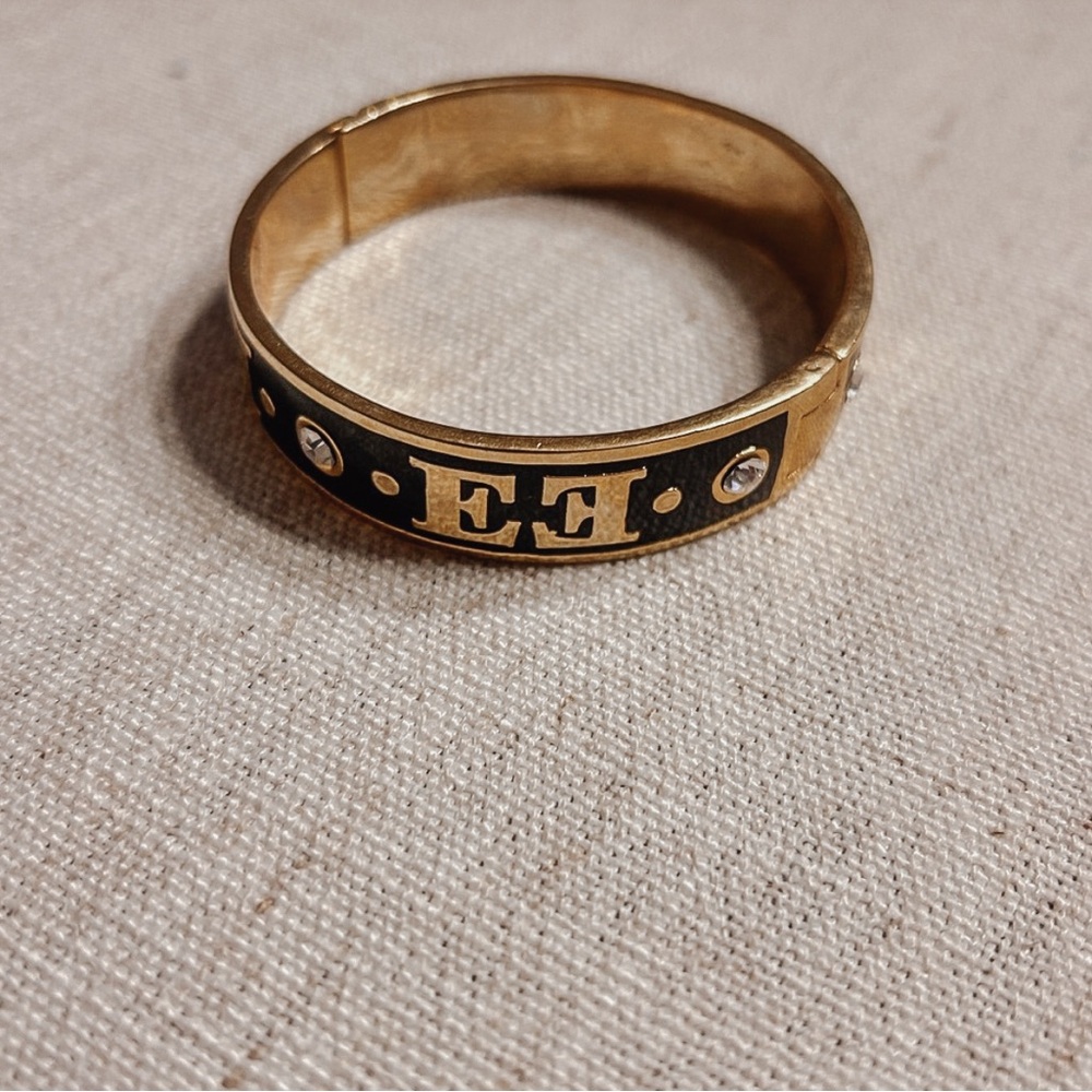 Vintage Gold Enamel EE Bracelet | Hinged Rhinestone Bangle | Statement Jewelry